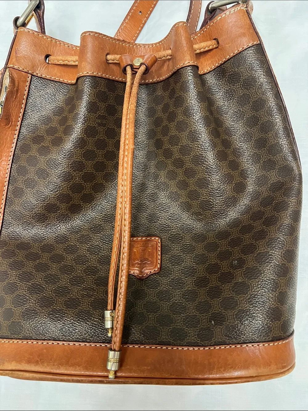 Celine Brown Leather-Trim Bucket Shoulder Bag - Picture 13 of 15